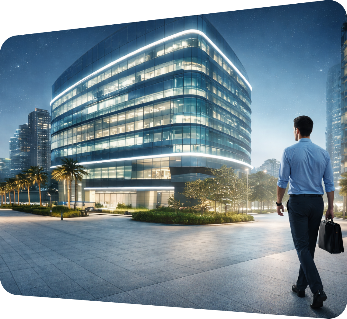 Person walking toward LED-lit commercial building